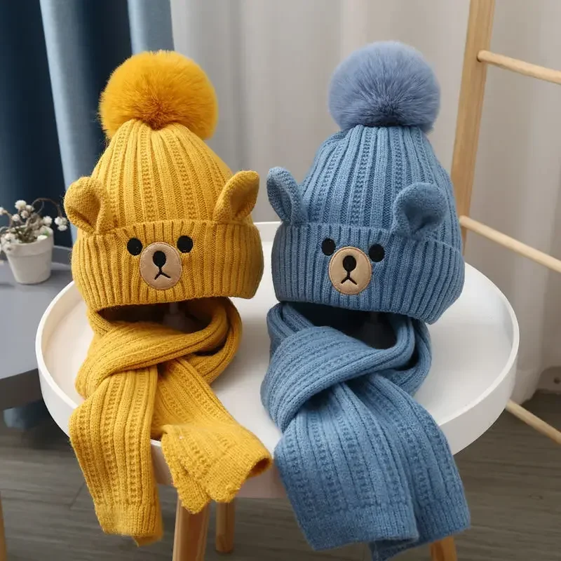 Cartoon Bear Crochet Bonnet for Toddler Warm Kids Beanie Scarf Set Boy Girl Outdoor Autumn Winter Hat Scarf Set Newsboy Cap