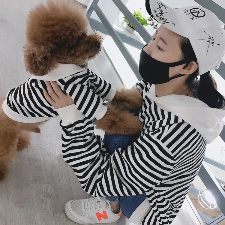 Vêtements assortis pour propriétaires d'animaux de compagnie, vêtements polaires pour animaux de compagnie, à capuche, parent-enfant, à rayures, Teddy français, petit chien et chat