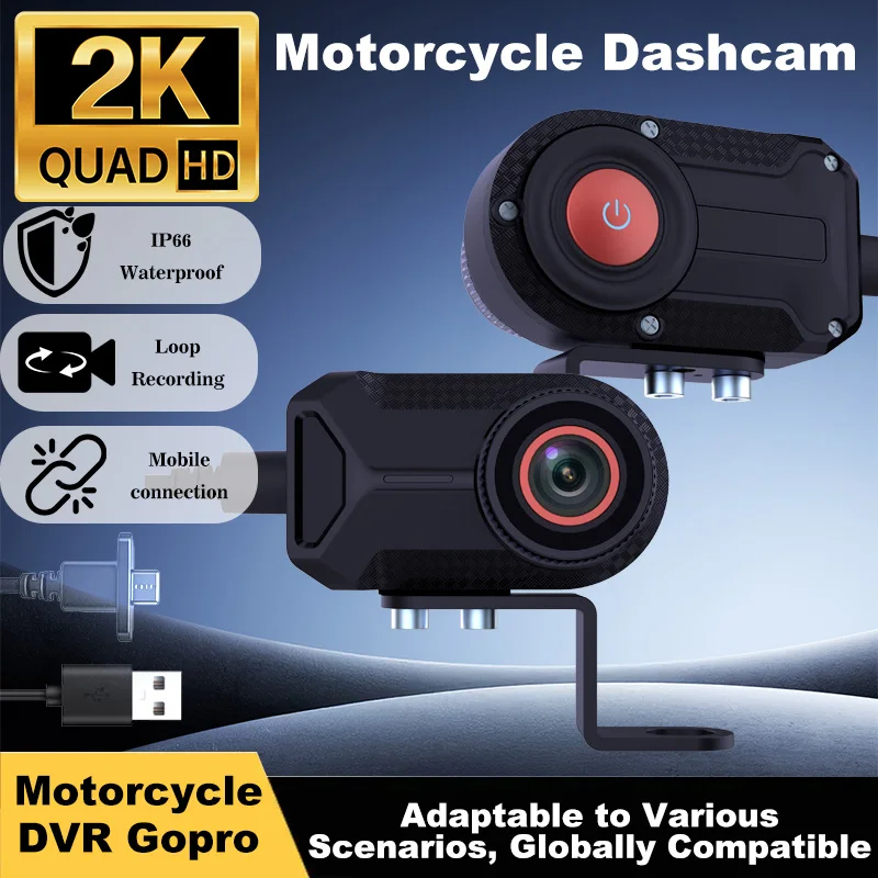 Câmera de painel para motocicleta 2K 30fps, câmera para capacete à prova d'água com gravação em loop para mountain bike e ciclismo.