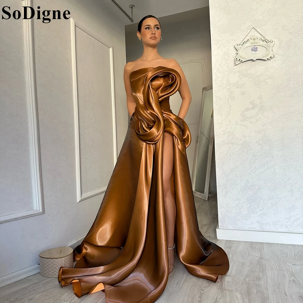 

SoDigne Elegant Brown Evening Dresses A-Line Draped High Split Ruffles Strapless Long Party Dress Modern Prom Gowns Customized