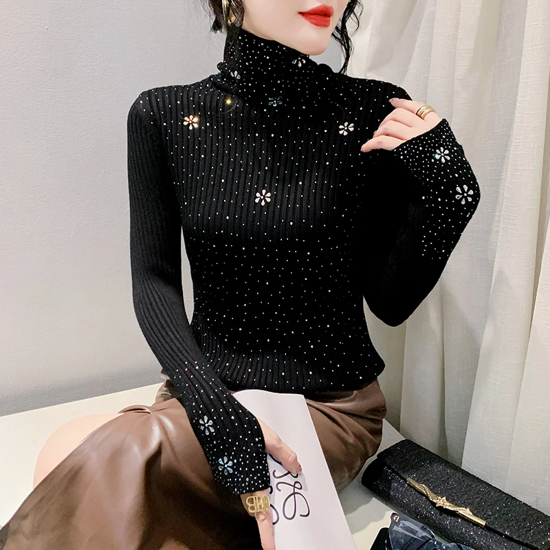 

2024 New Fall Winter European Clothes Knitwear Turtleneck Sweater Chic Sexy Shiny Diamonds Women Long Sleeve Drilling Tops 31103