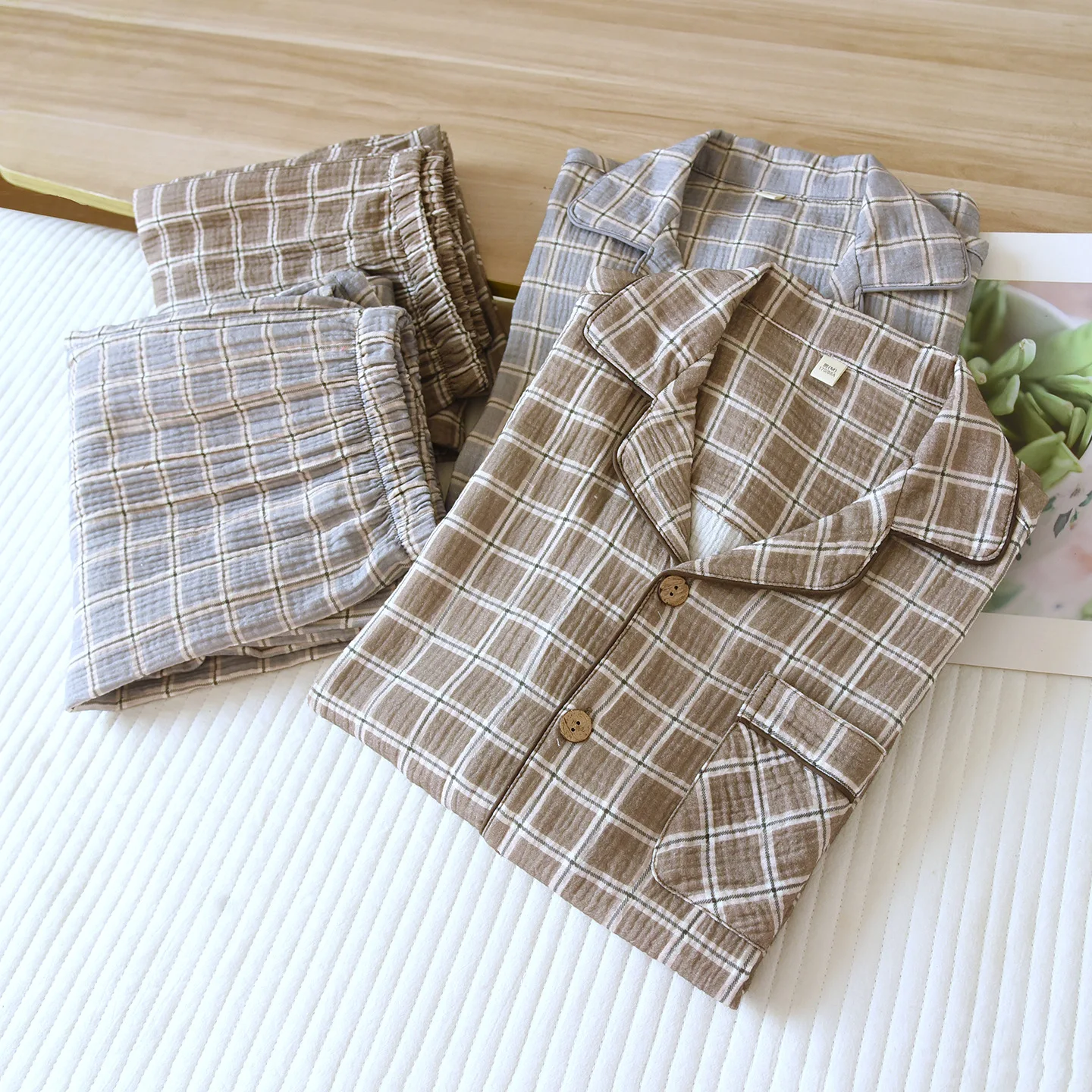 

Мужской весенне-осенний хлопковый пижамный комплект, домашняя одежда, клетчатая рубашка с длинными рукавами, брюки, комплект из двух предметов