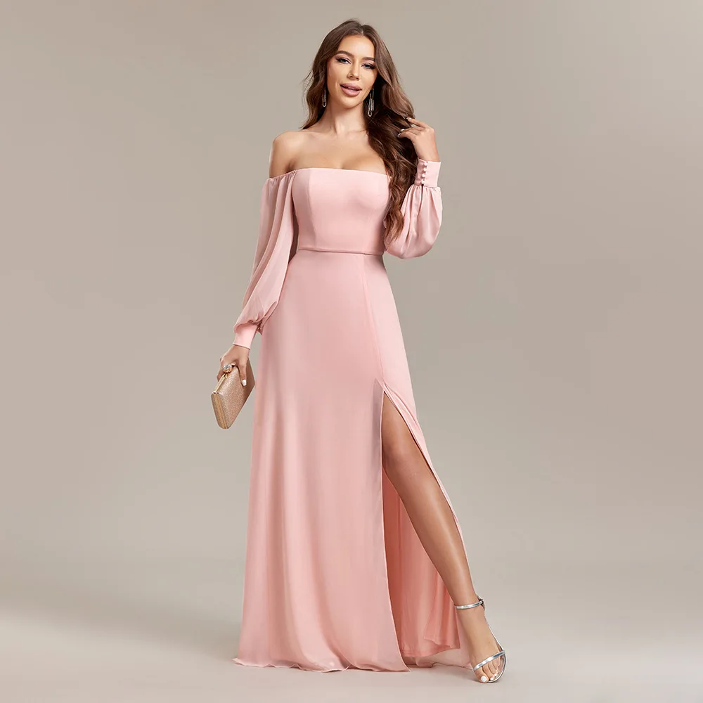 Full Sleeves Lovely Pink 2024 Evening Dress Strapless A Line High Quality Chiffon Women Party Gowns Dropshipping Robe De Soiree