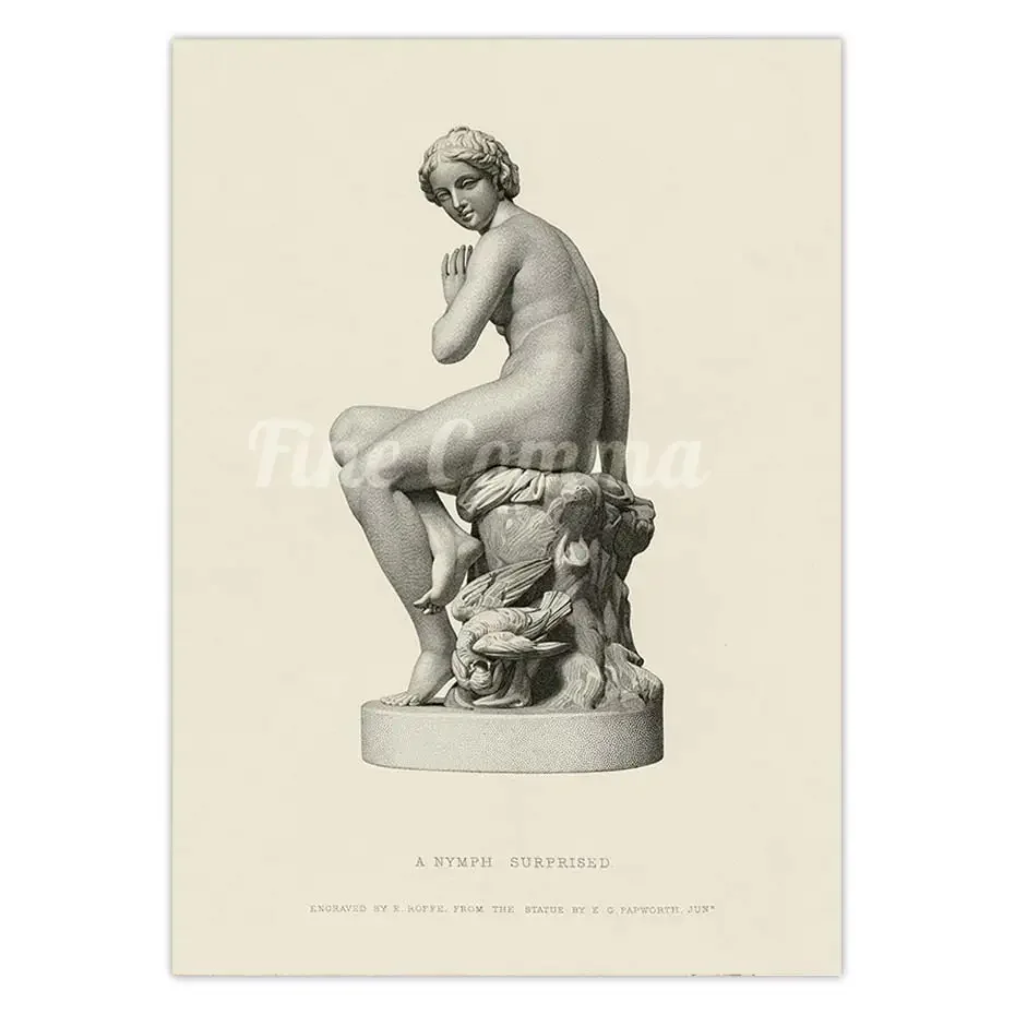 A Nymph Surprised Drawing Statue Vintage Poster Sculpture Illustration Black and White Canvas Print Painting Body Wall Decor