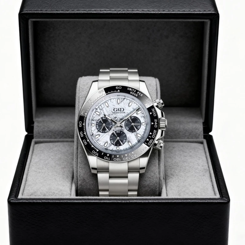 

A stylish silver and black men's mechanical watch with three sub-dials and a stainless steel strap