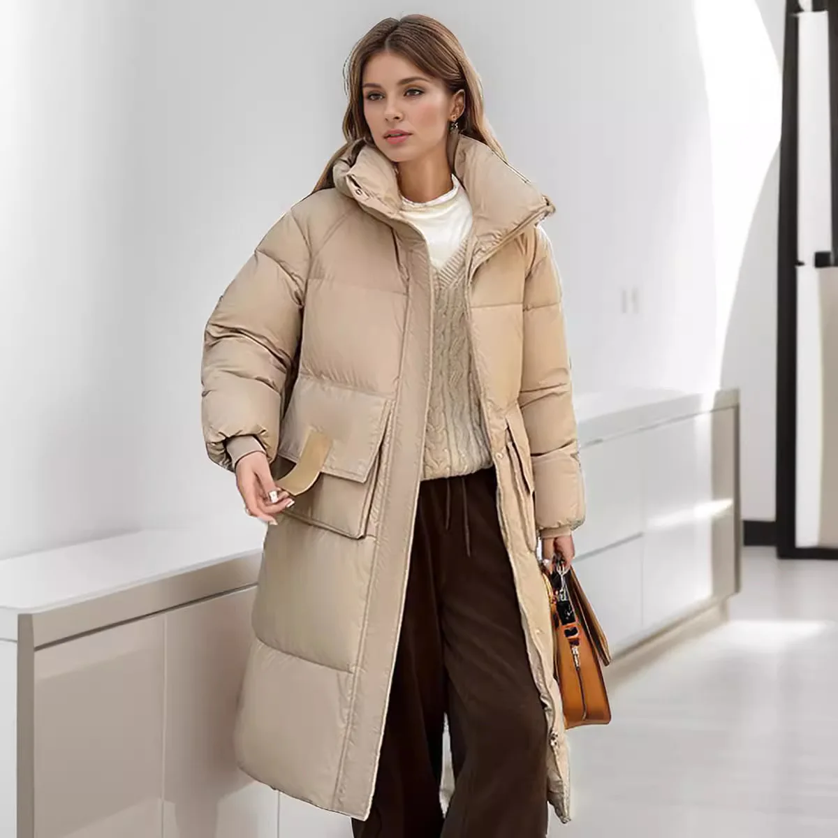 

2025 New Winter Women Large Pocket Cotton Jacket Female Hooded Thick Coat Plaid Padded Outwear Chic Long Cotton Jacket For Lady