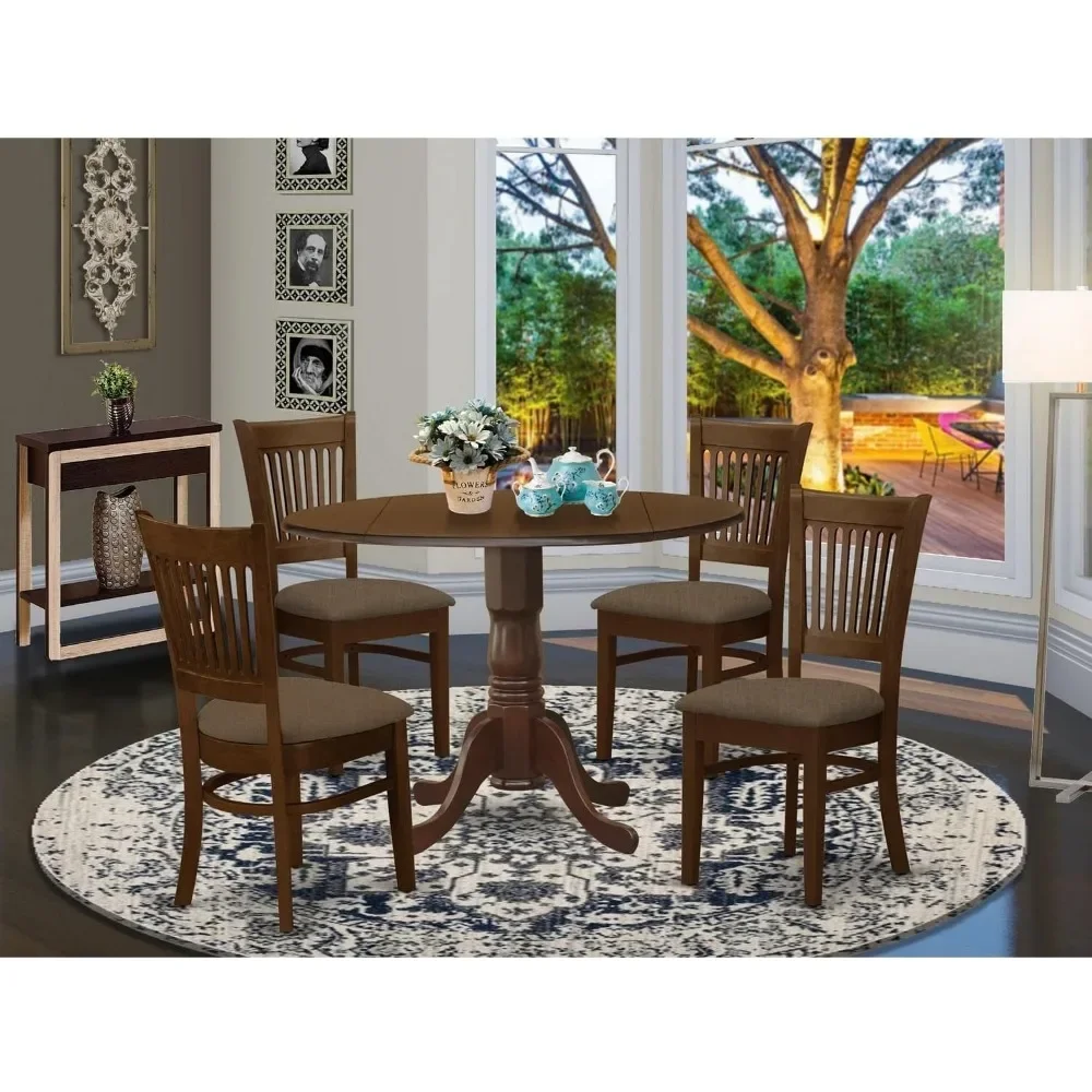 5 Piece Set Includes A Round Dining Room Table with Dropleaf and 4 Linen Fabric Upholstered Chairs, 42x42 Inch