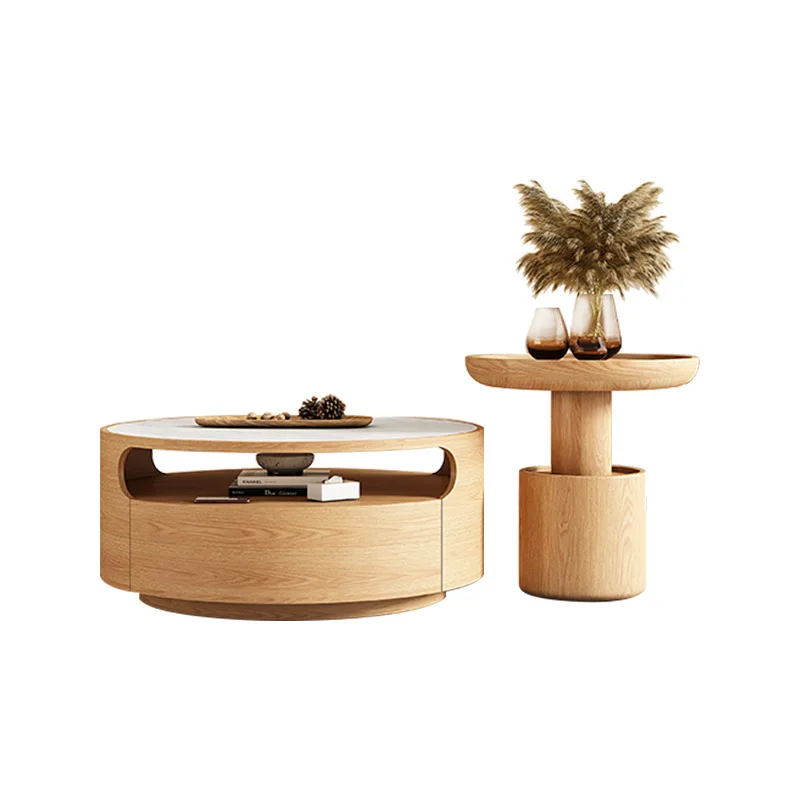 Lightweight luxury living room furniture round wood marble top coffee table living room side table
