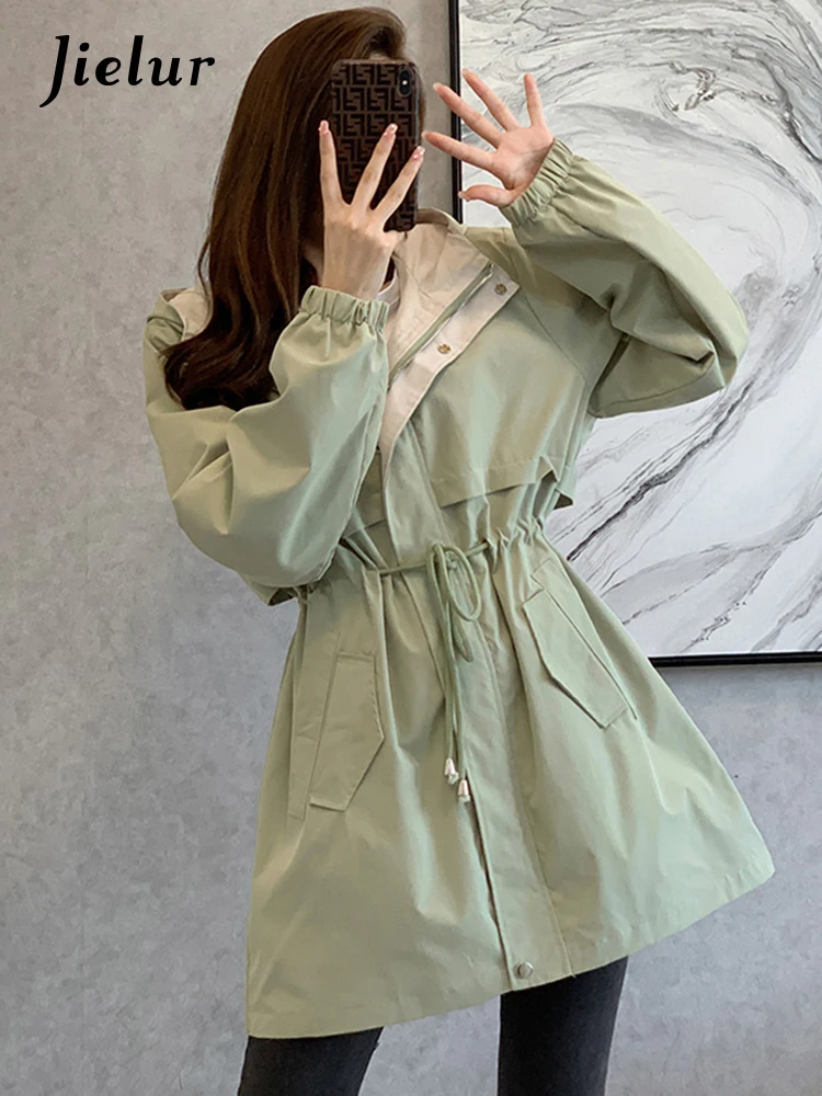 

Jielur Spell Color Slim Waist Woman Trench Coat Loose Casual Drawstring Hooded Blue Black Female Coat Winter Simple Office Lady