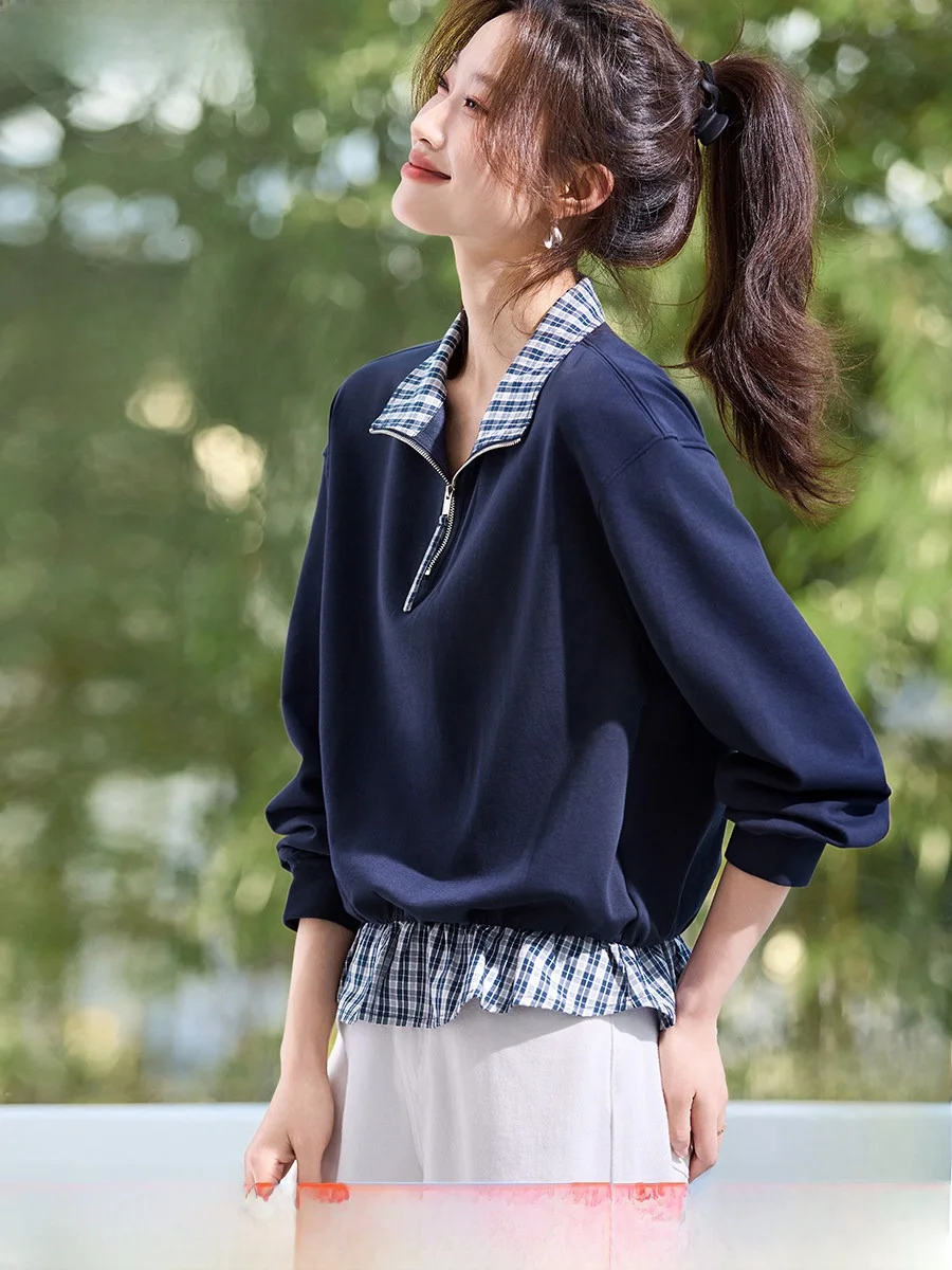 

Свободная женская толстовка с капюшоном, новинка весны, клетчатый воротник-стойка с подшивкой на молнии, дышащий, удобный хлопок, полиэстер...