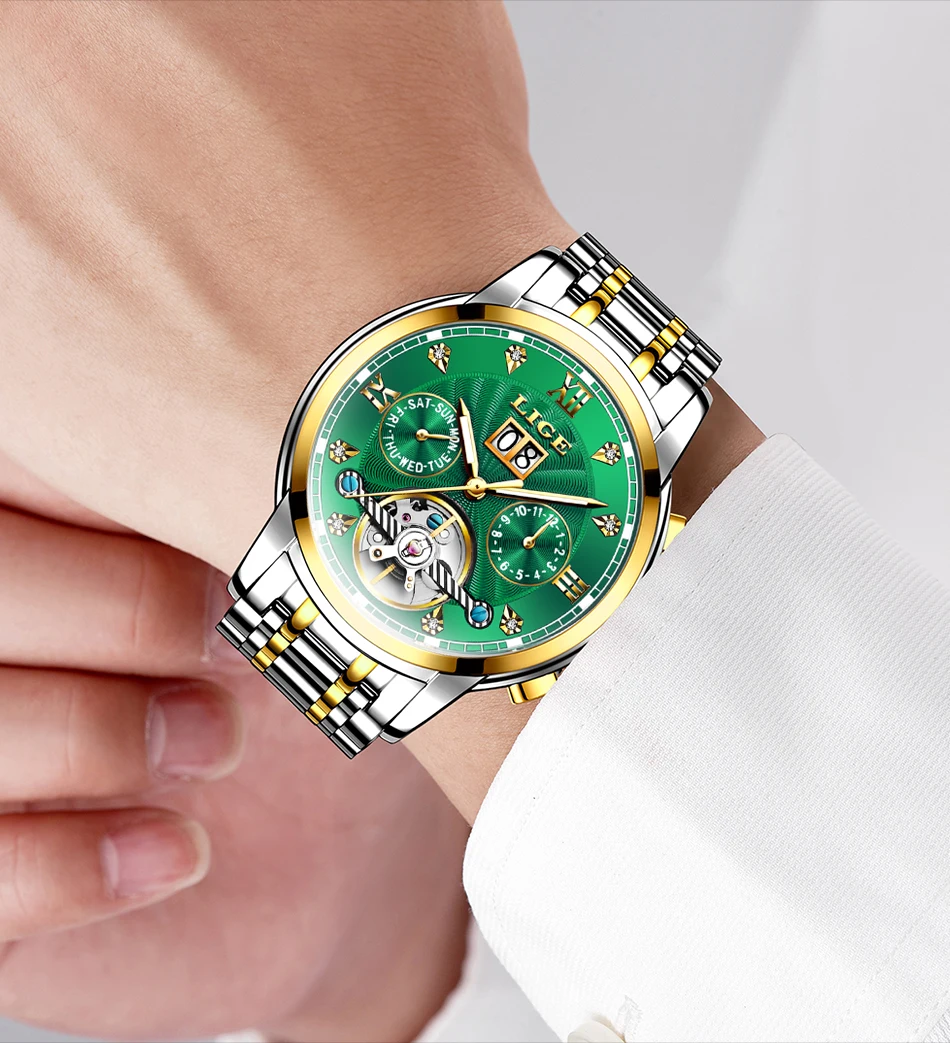 LIGE Automatic Watch for Men Top Original Luxury Skeleton Flywheel Mechanical Wristwatches Classic Calendar Business Man Watch