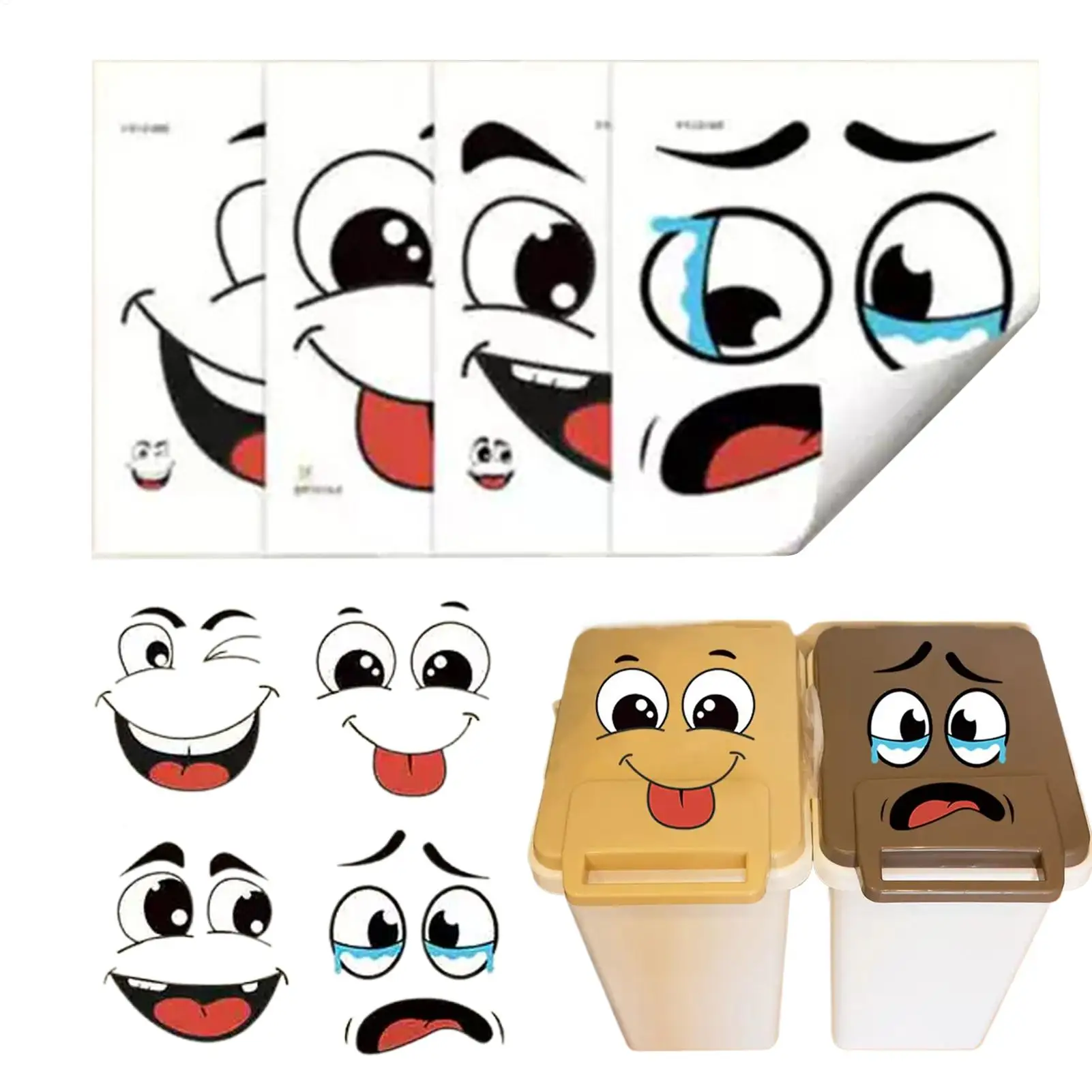 Trash Can Stickers 4-Piece Adhesive Cartoon Expressions Decals Funny Trash Garbage Can Stickers for Indoor Outdoor Fridge Wall