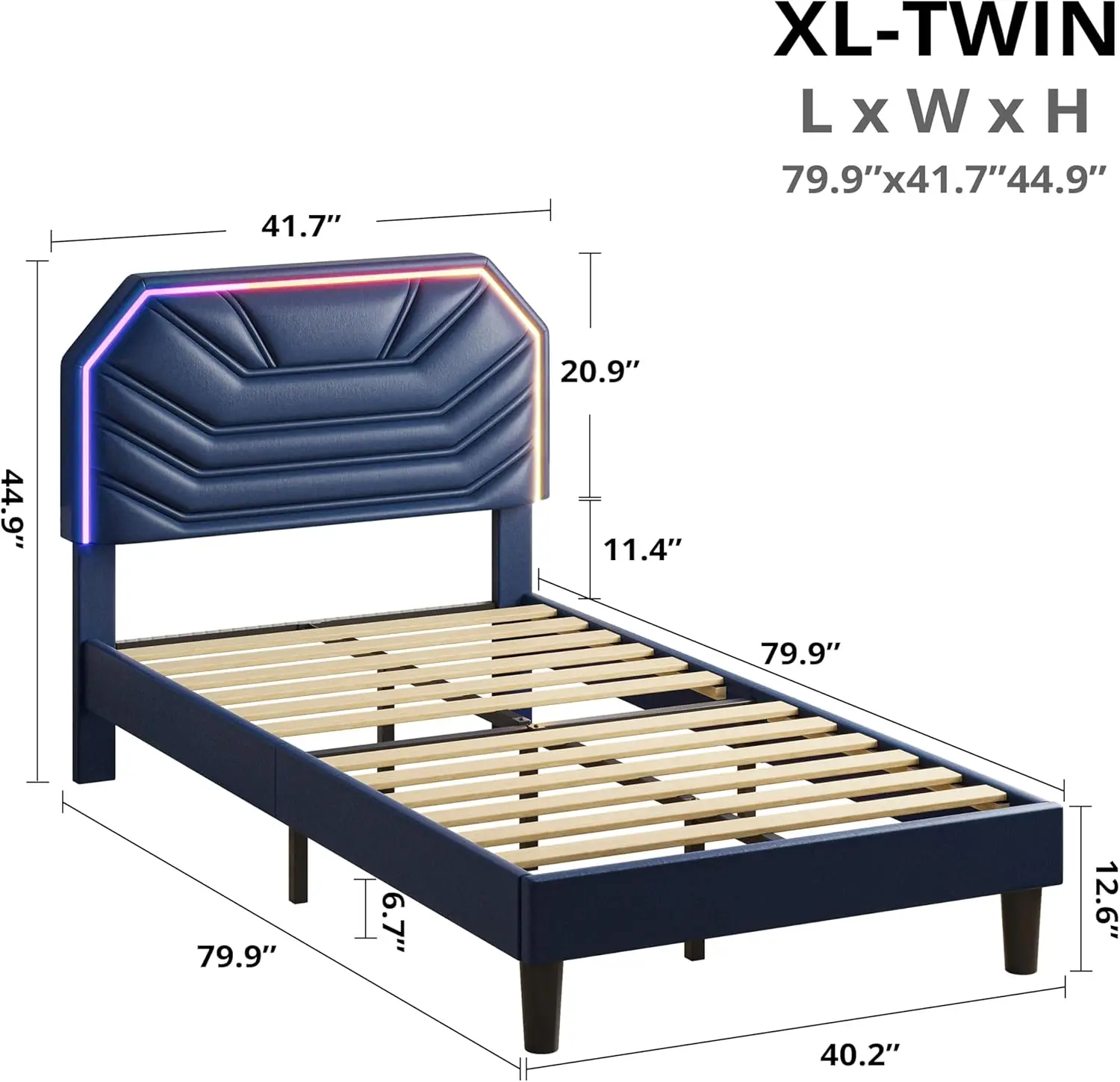 إطارات سرير LIKIMIO Twin / Twin XL مع لوح رأسي مضاء، سرير منجد حديث بمنصة كاما مزدوجة مع دعامات شديدة التحمل