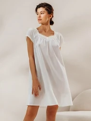 Linad White Night Dress Women Cotton Short Sleeve Sleepwear Female Loose Lace Patchwork Woman Dresses Solid 2023 Spring Casual