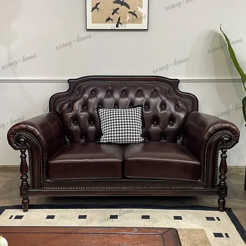 LSHome American rural retro leather sofa simple single double triple living room sofas and seating combination couch set furnitu