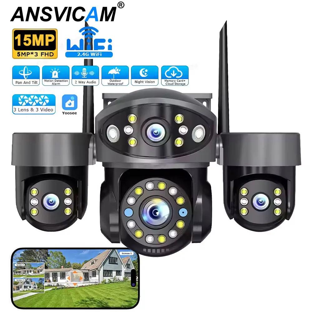 6K 15MP WiFi IP Camera ICsee Outdoor Triple Lenses Triple Screens Security PTZ Video Monitor Night Vision Waterproof CCTV Camera