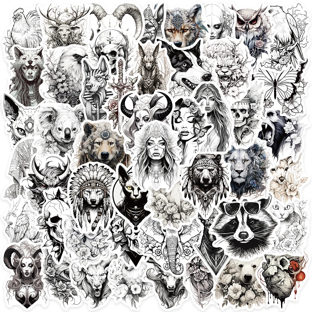 50pcs Black and White Cartoon Animals Aesthetic Stickers Waterproof Graffiti For Luggage Guitar Phone Vinyl Laptop Decals