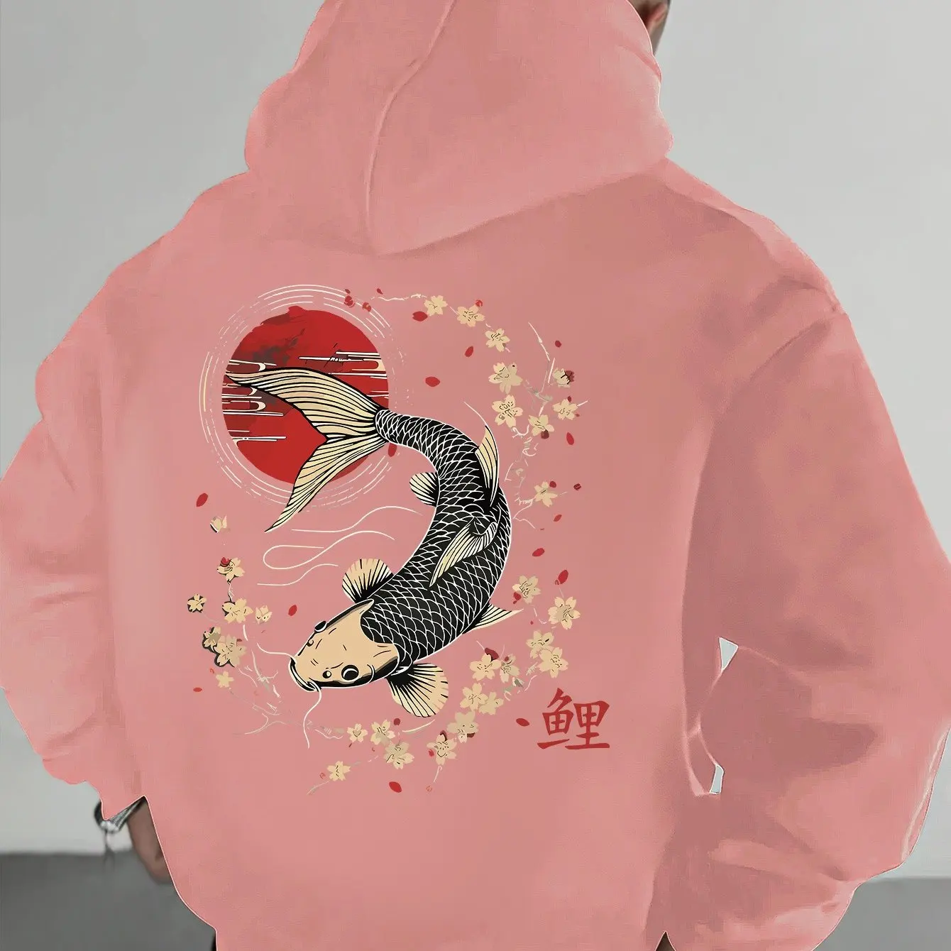 Men's Pullover Hoodie with Japanese Koi, Cherry Blossom and Chinese Character (koi) Design, Loose-fitting Casual Sweatshirt.