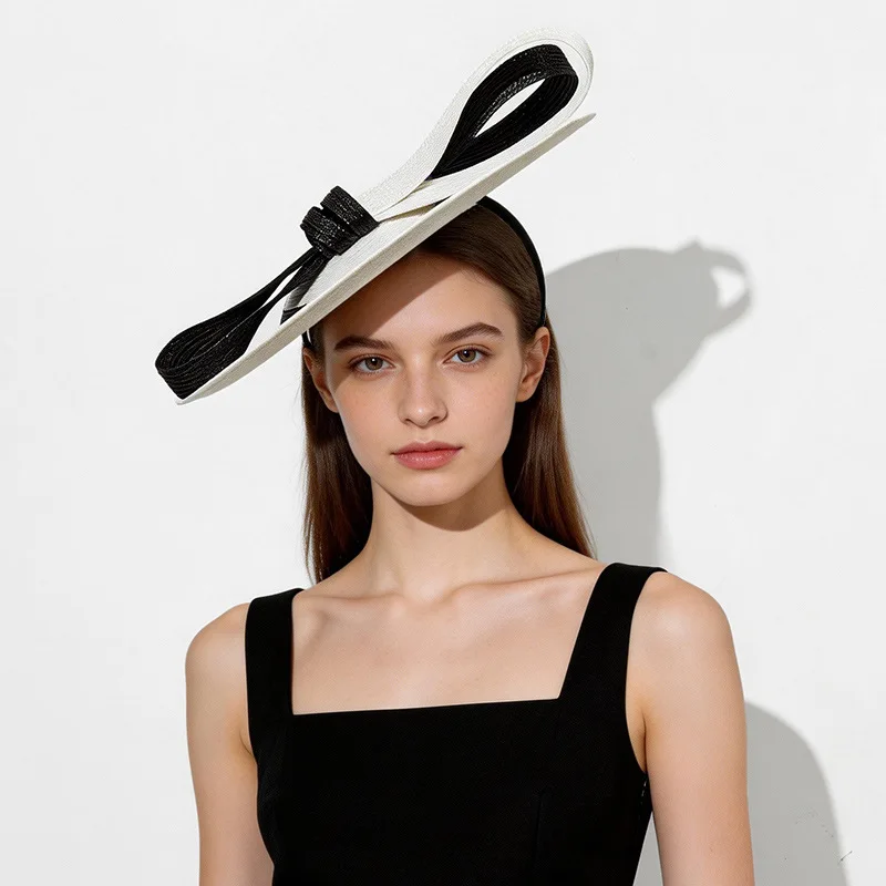 Large Strip Straw Fascinator Hat Hairbands Elegant Ladies Summer Prom Party Wedding Headpiece French Style Chapeau Mariage Femme