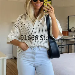 POLO Collar a Hollow Short -sleeved Top Short -sleeved Shirt Loose Casual Solid Color 2023 Spring and Summer  T -shirt Women