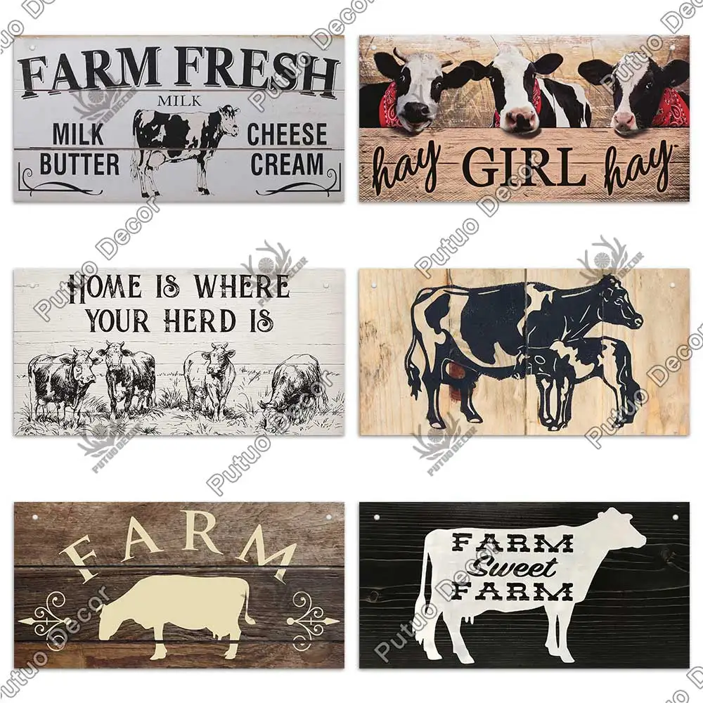 Putuo Decor Cow Wooder Sign Hanging Plaque Farmhouse Sign Decorative Plaque for Farm House Decor Cowshed Decoration Fresh Milk