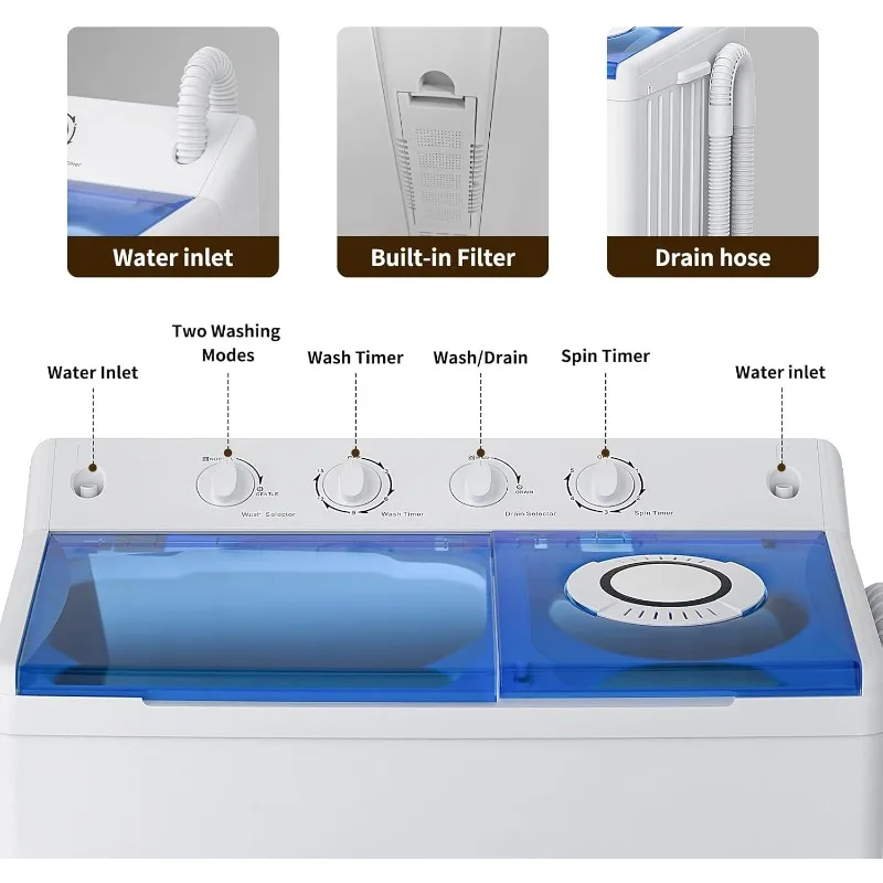 Portable Washing Machine, Twin Tub Laundry Compact Washer spinner Combo with 40lbs capacity,24Lbs Washer and 16Lbs Spinner dryer