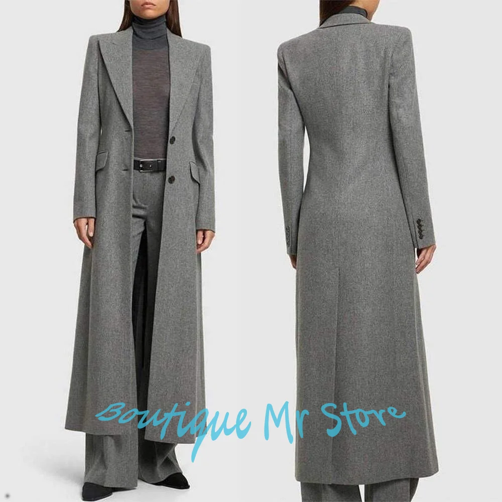 Women’s Gray Woolen Long Jacket+Pants Set 2 Piece Single-breasted Suit for Formal Office Daily Looks Winter Warm Outerwears