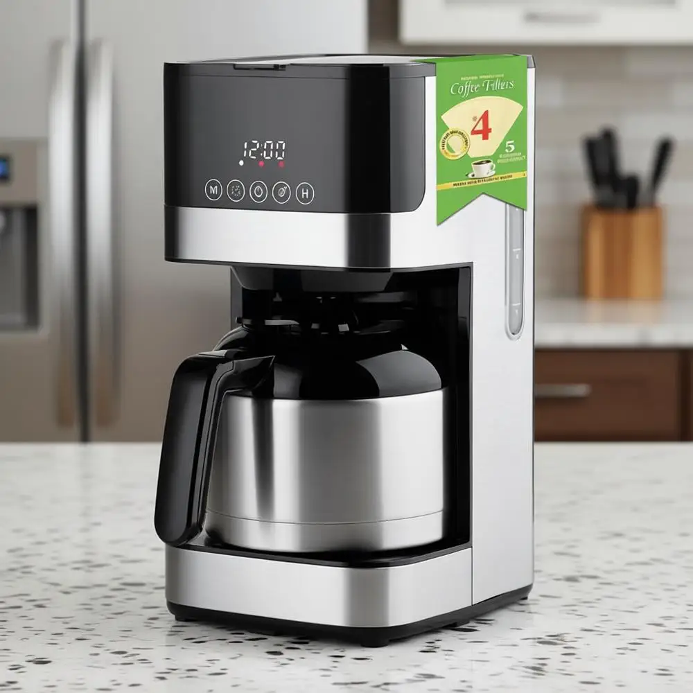 

Термокофеварка капельного типа, на 8 чашек, программируемая, с автоматическим отключением, функцией паузы и подачи, кофейник из нержавеющей стали, в комплекте 5 пакетов кофе