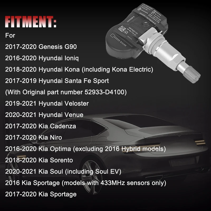Auto 433MHz TPMS Sensore di Pressione Dei Pneumatici Per Hyundai Elantra i30 Grandeur Ioniq Kona Kia Optima Genesis G90 52933F2000 52933D4100