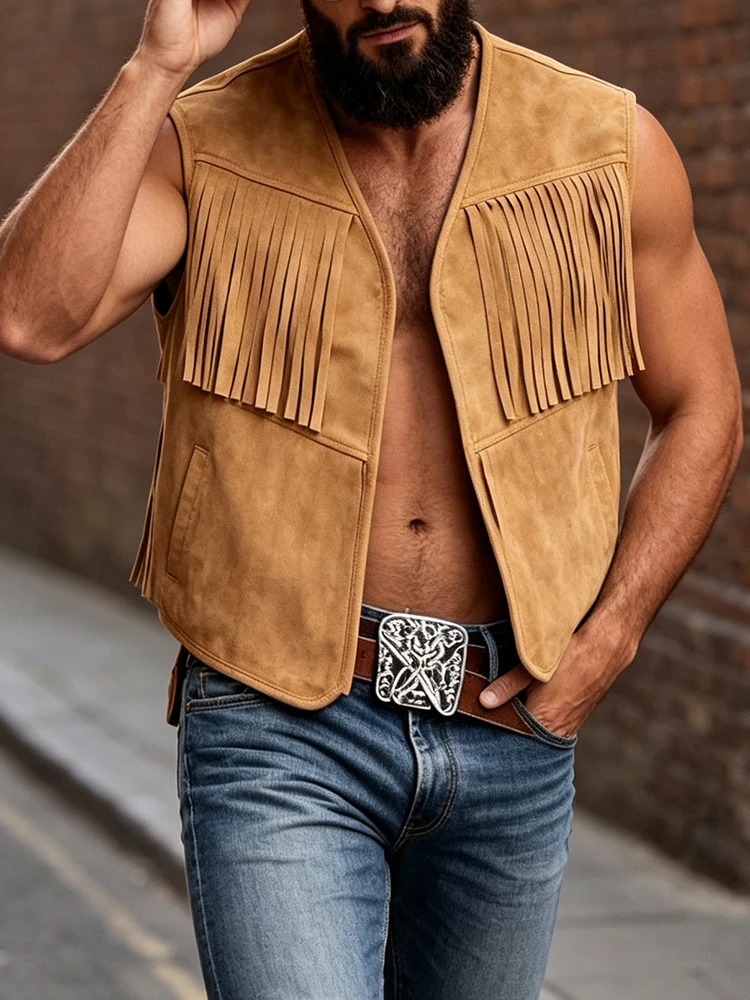 Daily Outdoor Men 2026 Summer Solid Color Breathable Loose Fit Short Tassel Outerwear Sleeveless Vest Cardigan For Male