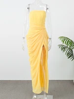 Elegant Strapless Pleated Dress Yellow Women Chic Sleeveless Waist Cinching Split Maxi Gowns Lady Evening Party Vestidos 2026 - Image 5