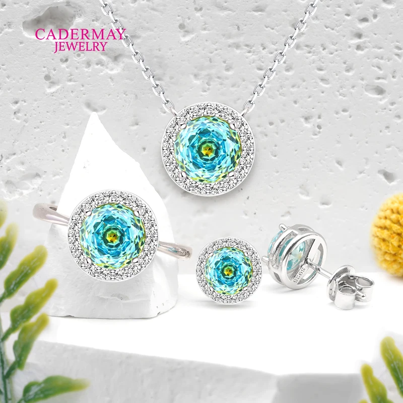 متوفر في المخزون مجموعة مجوهرات فضية S925 أحجار كريمة عين مختلط الألوان الأزرق الأحجار الكريمة الاصطناعية خاتم هالة أقراط قلادة للنساء هدية #4