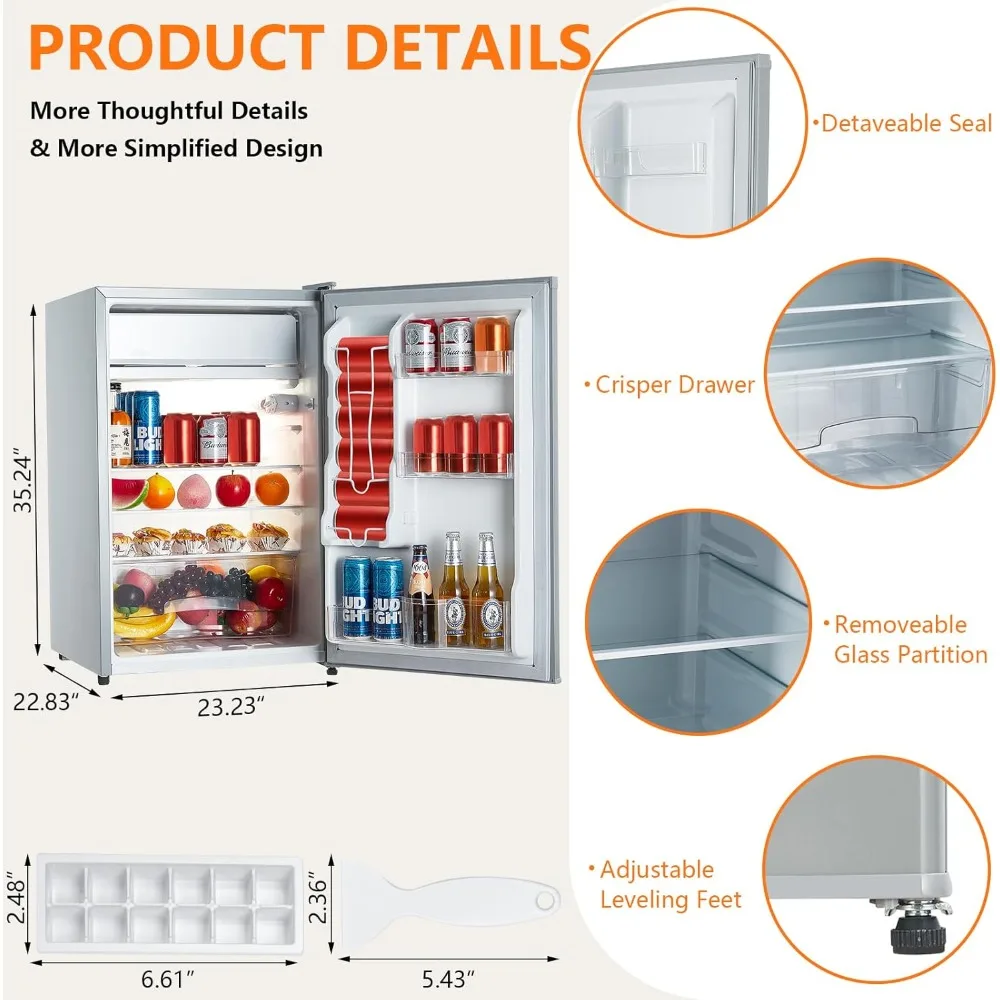 4.3 Cu.Ft Small Refrigerator With Freezer - Mini Fridge for Bedroom Dorm Office, 7 Settings Adjustable Thermostat, Low Noise, En