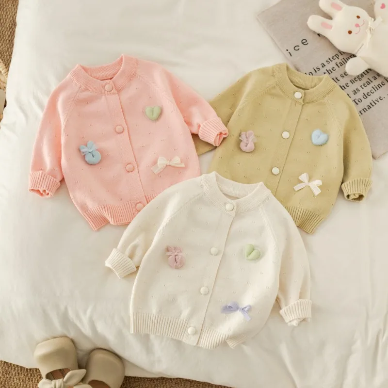 

2025 Autumn New Baby Sweater Coat Sweet 0-3T Girls Bow Heart Knitted Cardigan Jacket Toddler Boys Comfort Outwear Tops