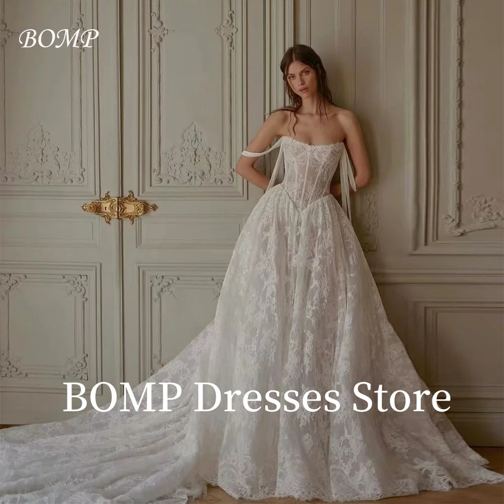 

BOMP Exquisite Lace Off the Shoulder Wedding Dress Draped White Royal Train Corset Bridal Gown Customized Elegant Robe de mariée