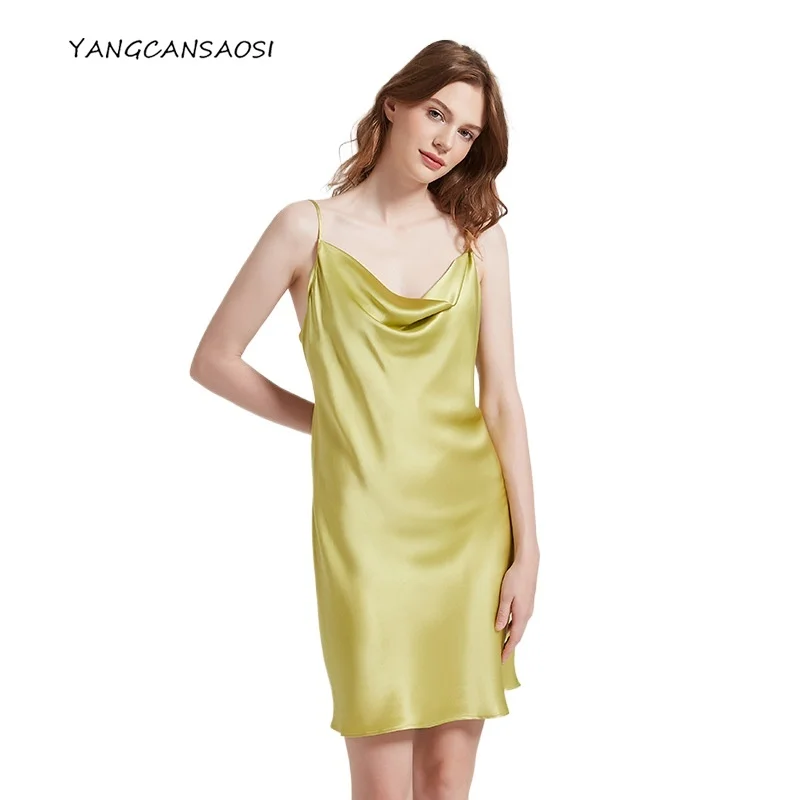2025 Women's Fashionable Nightgown 19MM Heavyweight 100% Natural Mulberry Silk Satin Sexy Swinging Collar Camisole Dress