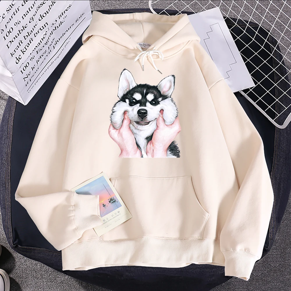 Cute Animal Husky Dog Printing Hoodie Women's Loose Oversize Clothing Autumn Warm Fleece Sweatshirt Fashion Casual Soft Hooded