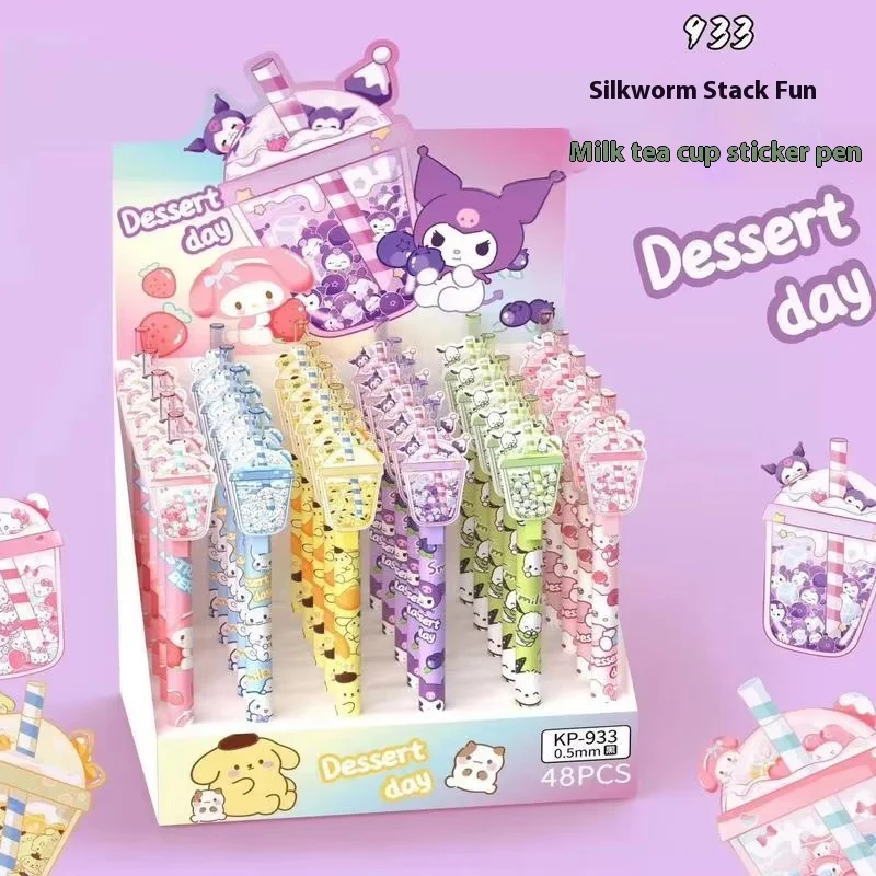Bolígrafo de Gel Sanrio auténtico, 48 Uds., 0,5mm, negro, nuevo, Kawaii Kuromi Melody, bolígrafos con parches bonitos, papelería para estudiantes, suministros escolares
