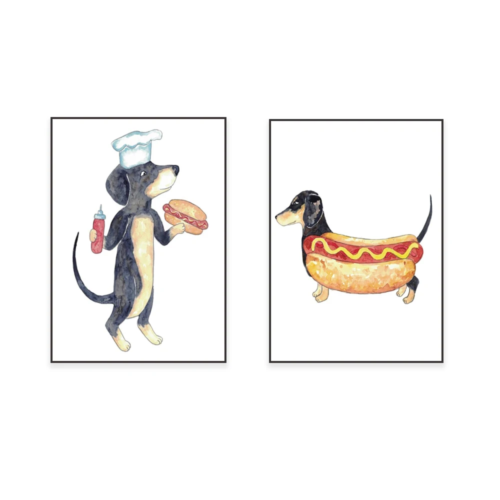 Dog dachshund hot dog poster, watercolor art print pet dachshund hot dog painting portrait, funny nursery baby room decor