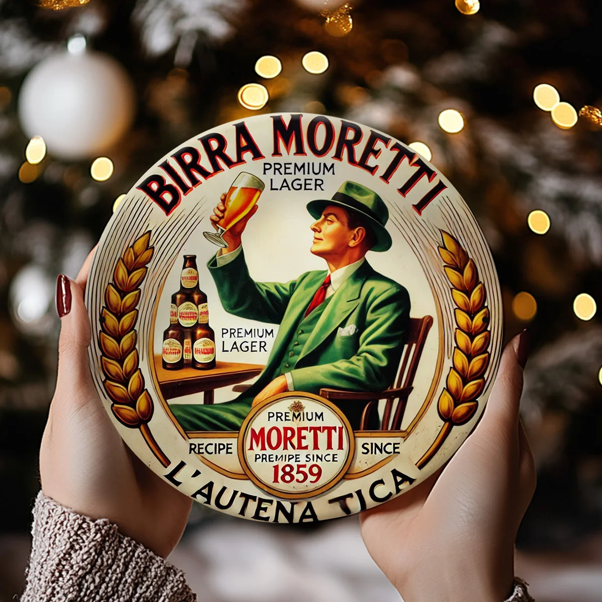 2D flach 1 Stück Retro Birra Moretti Bier Holzlogo runde Wandkunst, klassisches Brauerei-Design, geeignet für Bars und Cafés – Detail 3