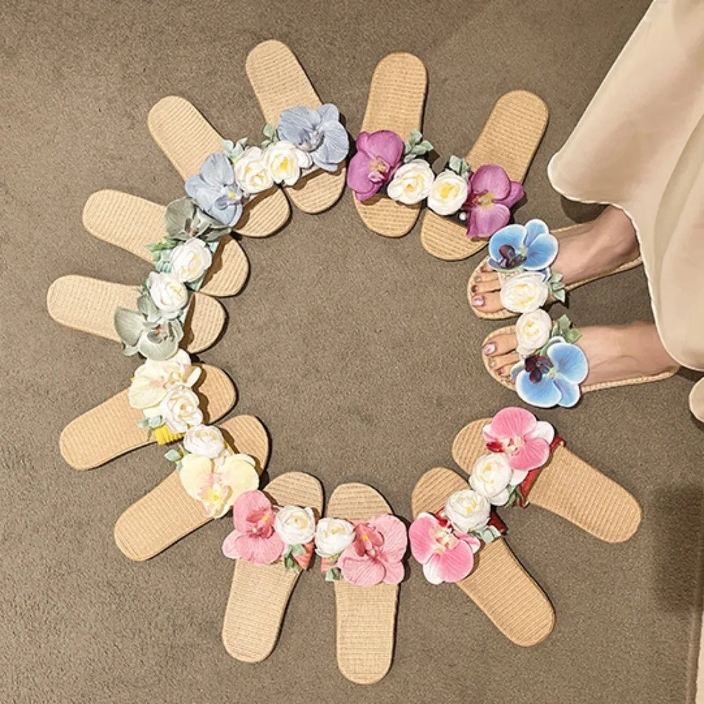 

Casual Soft Flower Linen Slippers Flat Pearl Moth Orchid Sandals Shoes Non-Slip Butterfly Orchid Slippers Vacation Beach