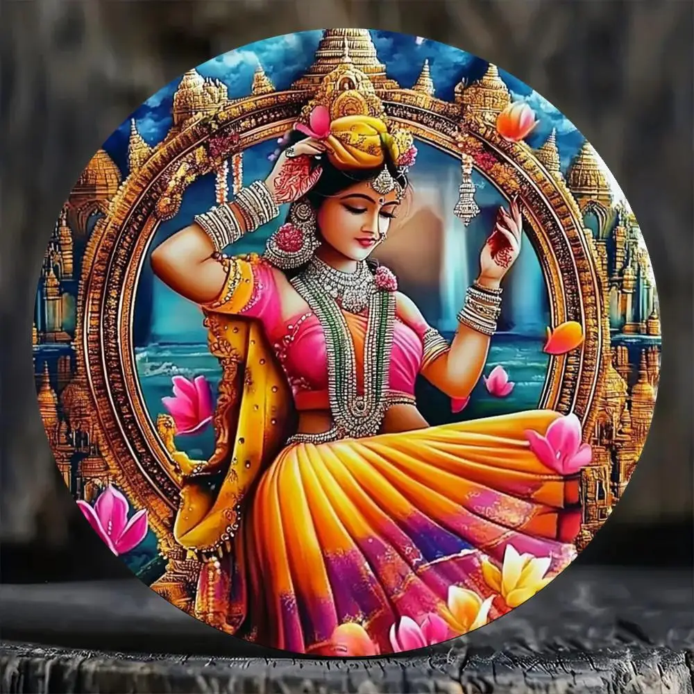 

2D Aluminum Wall Hanging Plaque - Vibrant Indian Classical Dance Scene with Temple & Colorful Sari Woman, Traditional Artwork