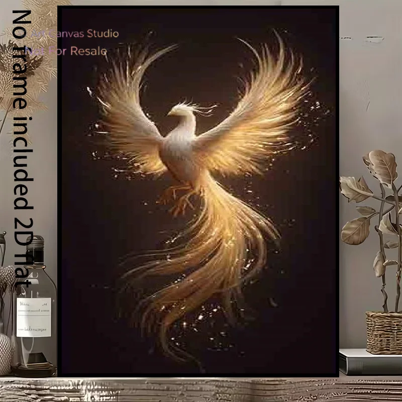 2D Flat, 2D Flat, A 2D Flat Canvas Painting Featuring a Golden Phoenix Spreading Its Wings in Flight, with Exquisite Details