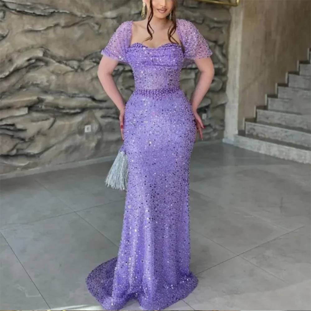 

Exquisite Purple Sequin Women Evening Party Dresses Sweetheart Floor Length Off Shoulder Trumpet Beading Smart Female Prom Gowns