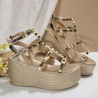 Summer Fashion Women Gold Rivet Studded Wedge Sandals Ankle Strap Espadrille Platform Sole Party Vacation Outdoor Casual Shoes - Image 3
