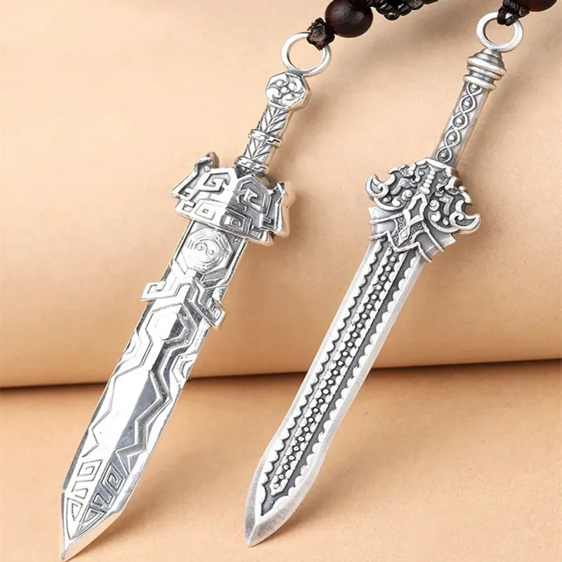 Taichi Bagua Gankun Silver Pendant Silver-plated Sword Necklace Vintage Silver Pendant Rope Solid