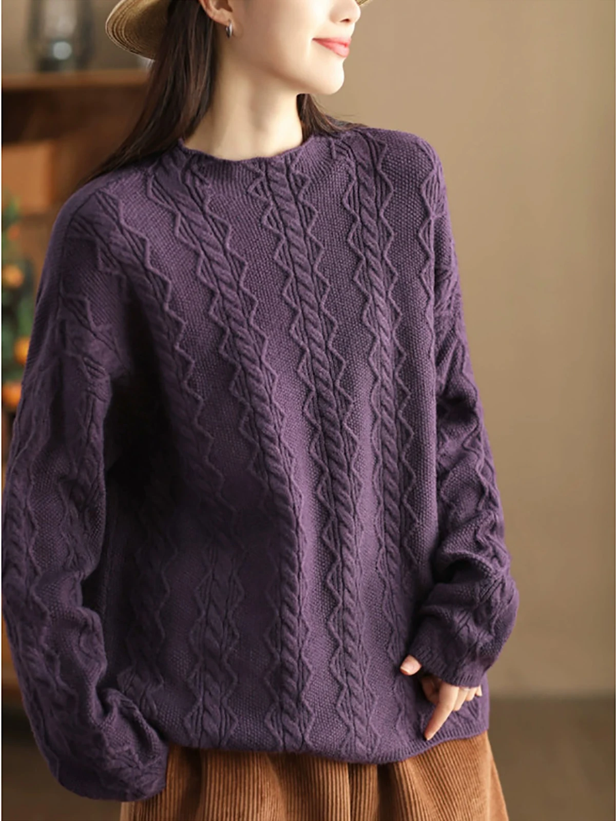 

Vintage Women Knitted Pullover Warm Fashion Solid Color All-Match Cozy Tops Autumn Winter Casual Loose Literary Simple Knitwear