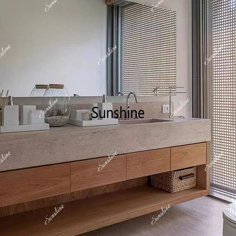 Travertine rock slab integrated basin bathroom cabinet, bathroom solid wood, washing table customization