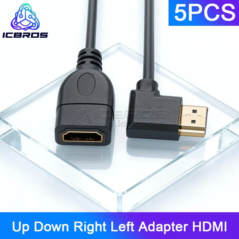 

5 шт., угол 90 градусов, двойной HDMI-совместимый преобразователь «папа-мама», вверх вниз, правый и левый адаптер, кабель HDMI