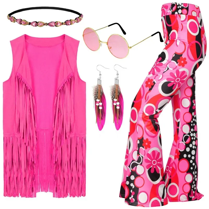 Jaren '70 Kostuum voor Vrouwen Disco Outfits Hippie Accessoires Fringe Vest Boho Uitlopende Broek Set 2023 Nieuwe Stijl Cosplay Kostuum Vrouwen